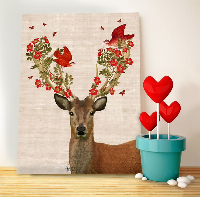 Deer and Love Birds, Art Print, Canvas Wall Art | Print 14x11inch