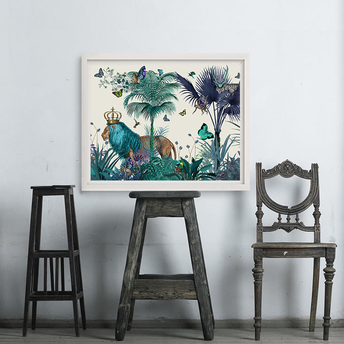 Blue Lion in Tropical Jungle, Art Print, Canvas Wall Art | Print 14x11inch