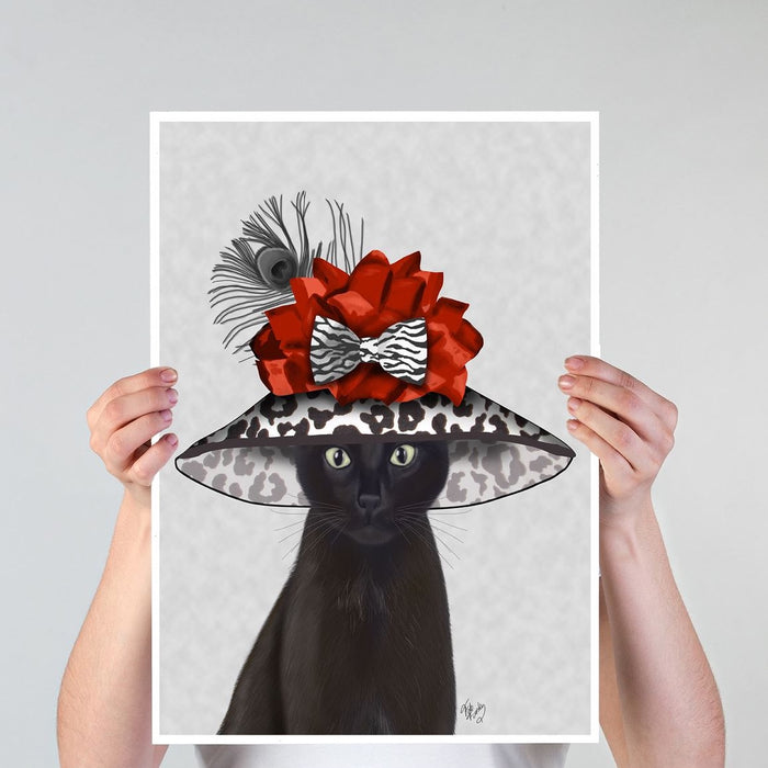 Cat, Black with Fabulous Hat, Art Print, Canvas Wall Art | Print 18x24inch