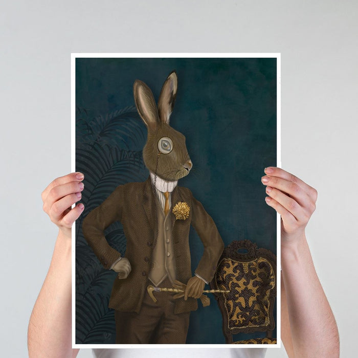 Dapper Hare, Dark, Art Print, Canvas Wall Art | Framed White
