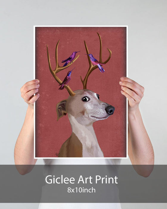 Greyhound and Antlers - Red, Dog Art Print, Wall art | Print 18x24inch