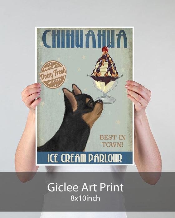 Chihuahua, Black and Ginger, Ice Cream, Dog Art Print, Wall art | Print 18x24inch
