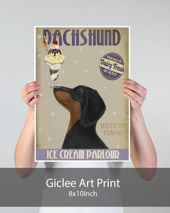 Dachshund, Black and Tan, Ice Cream, Dog Art Print, Wall art | Print 18x24inch