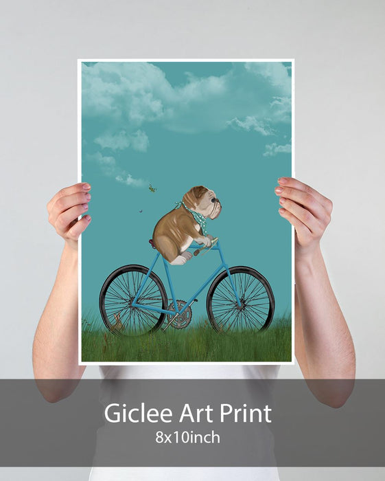 English Bulldog on Bicycle - Sky, Dog Art Print, Wall art | Print 18x24inch