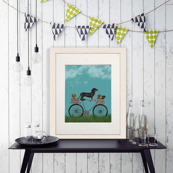 Dachshunds on Bicycle, Dog Art Print, Wall art | Print 14x11inch