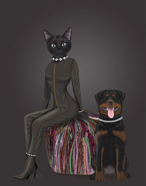 Black Cat and Rottweiler, Art Print, Canvas Wall Art | FabFunky