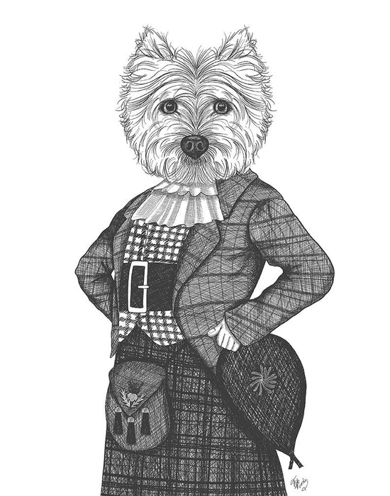 Portrait of Westie Dog In Kilt, Limited Edition Print of drawing | FabFunky
