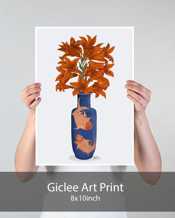 Chinoiserie Lilies Orange, Blue Vase, Art Print | Print 18x24inch