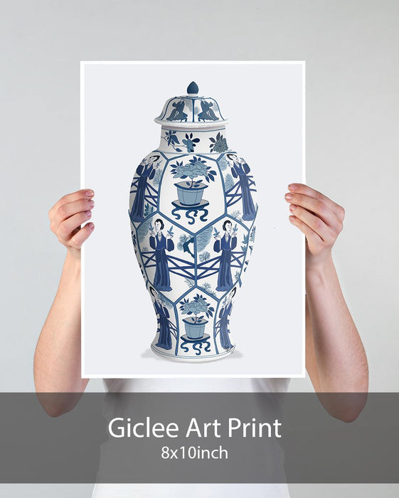 Chinoiserie Vase Leaf Picker Blue, Art Print | Print 18x24inch