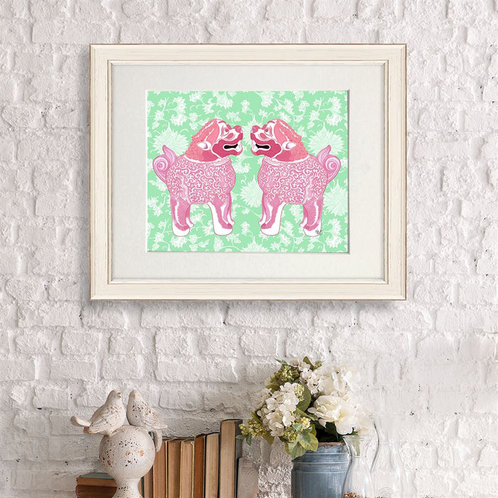 Foo Dog Twins Pink and Green Chinoiserie Art Print | Print 8x10inch