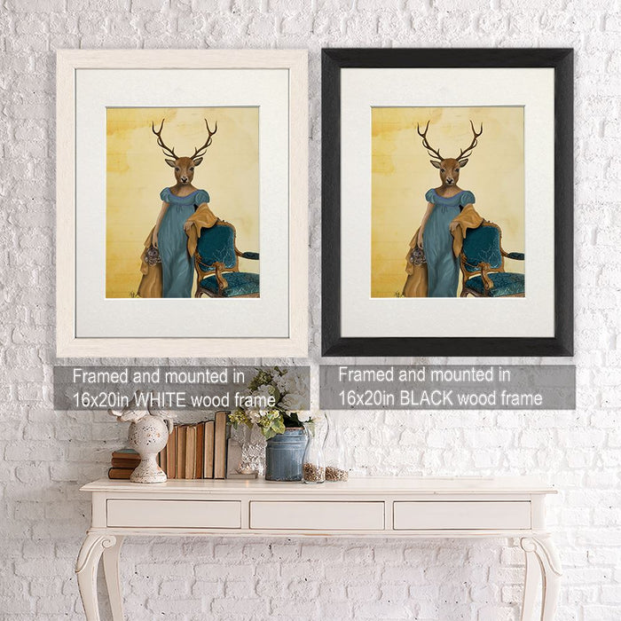 Deer In Blue Dress, Art Print, Canvas Wall Art | Framed White