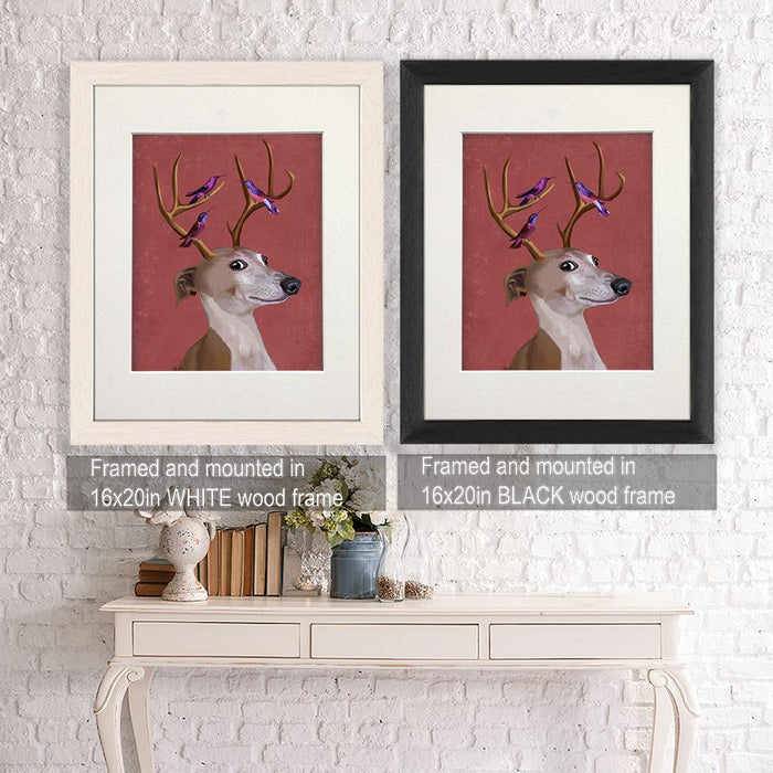 Greyhound and Antlers - Red, Dog Art Print, Wall art | Framed Black