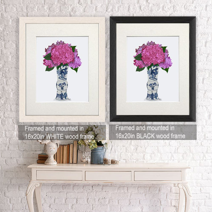 Chinoiserie Hydrangea Pink, Blue Vase, Art Print