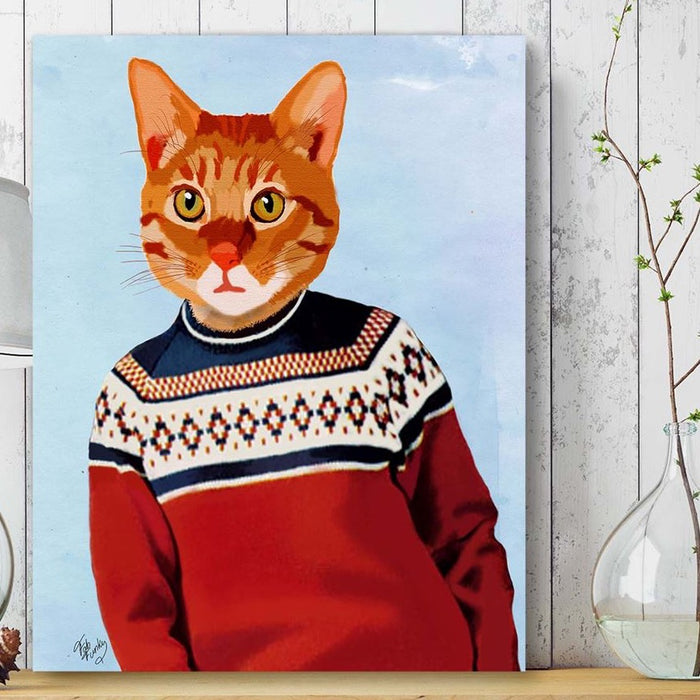 Cat in Ski Sweater, Art Print, Canvas Wall Art
