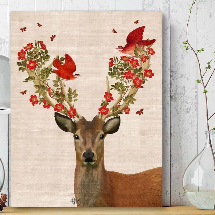 Deer and Love Birds, Art Print, Canvas Wall Art | Canvas 28x40inch