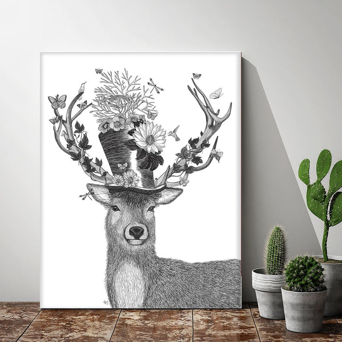 Mad Hatter Deer, Limited Edition Print of drawing | Ltd Ed Canvas 28x40inch