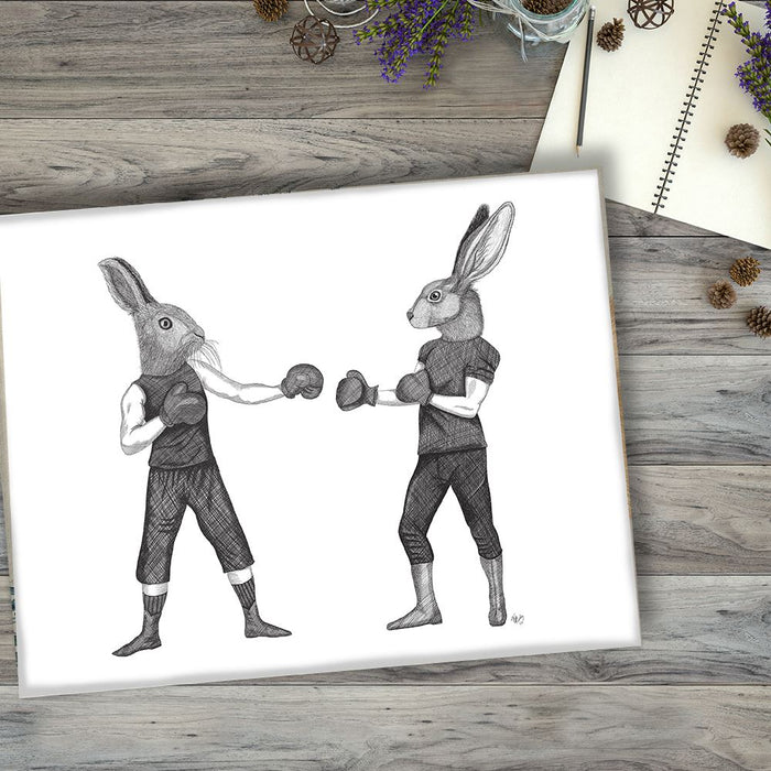 Boxing Hare, Pair, Limited Edition Print of drawing | Ltd Ed Canvas 28x40inch