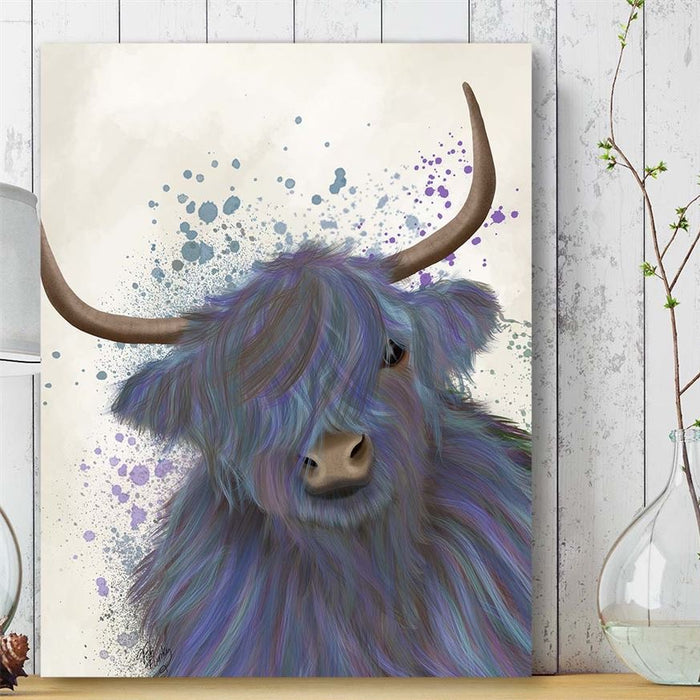 Highland Cow 1, Blue Portrait, Animal Art Print | Framed Black