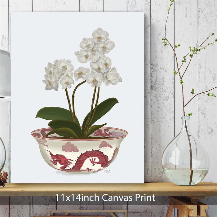 Chinoiserie Orchids White, Dragon Bowl Red, Art Print | Framed Black