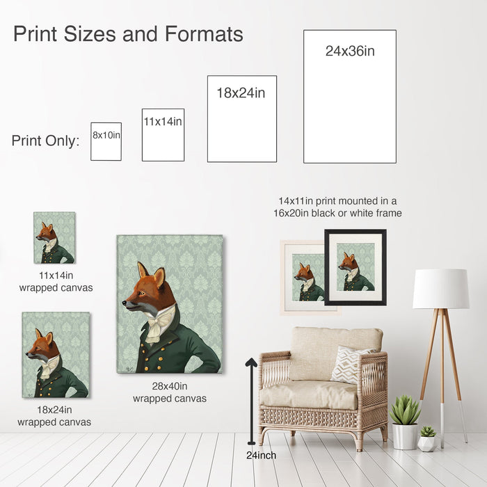 Fox with Red Bow Tie, Art Print, Canvas Wall Art | Framed Black